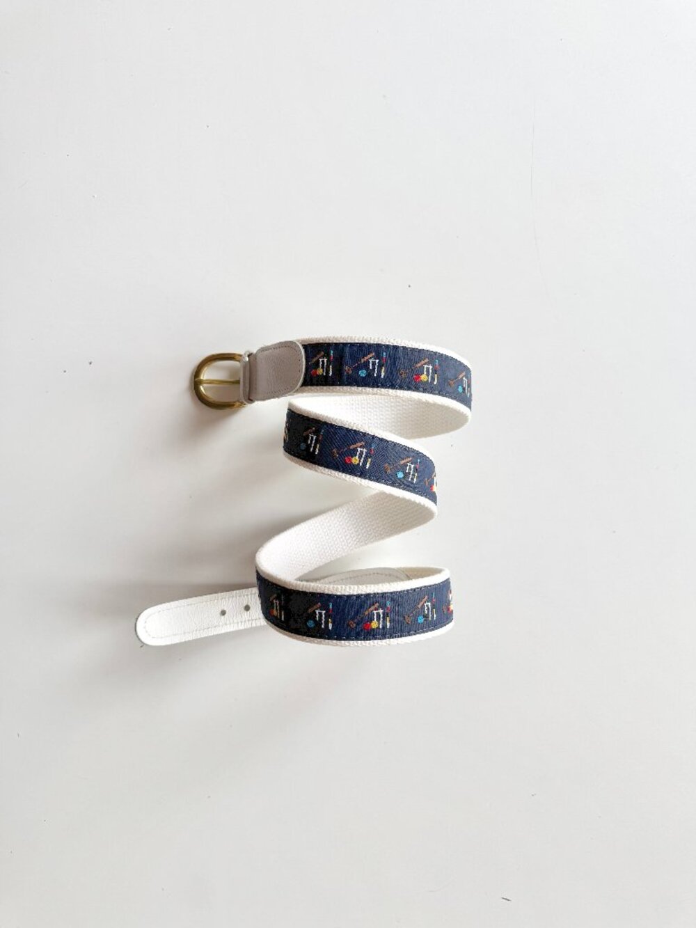 PRESTON White Leather Croquet Embroidered Navy Silk Ribbon Canvas Belt, Size 40